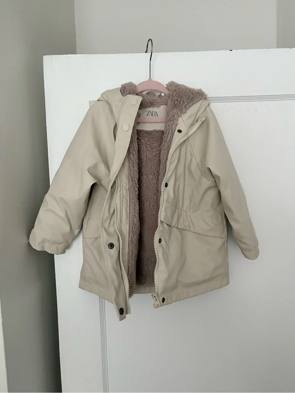 Zara Kids Beige Hooded Puffer Coat with Faux Sherpa Lining